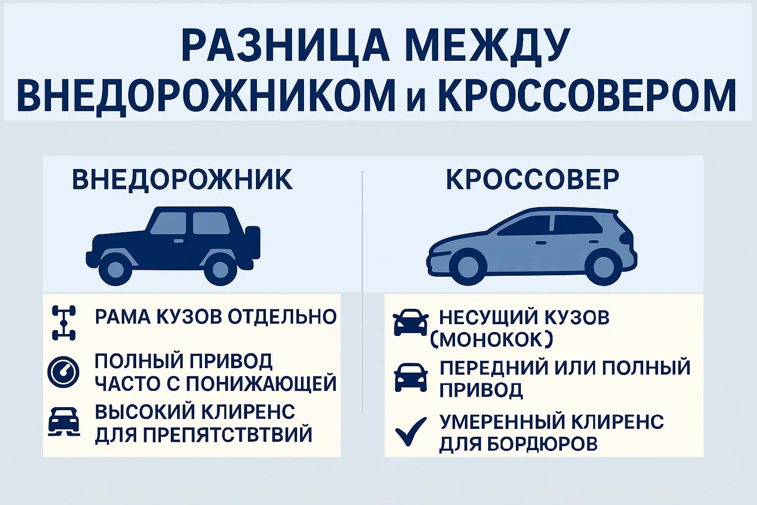 Сравнение кроссовера и внедорожника: конструкция кузова, клиренс и проходимость